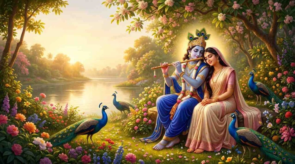 Radha Krishna Quotes in Bengali featured image showing the divine love of Radha and Krishna in Vrindavan