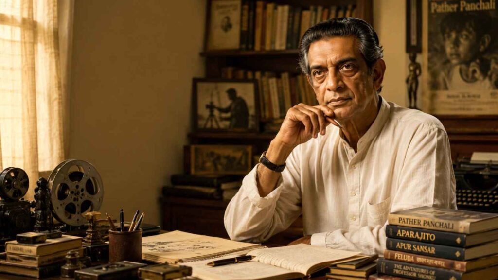 Satyajit Ray Quotes in Bengali featured image showing Satyajit Ray with books, manuscripts, and cinematic elements symbolizing creativity, literature, and filmmaking.