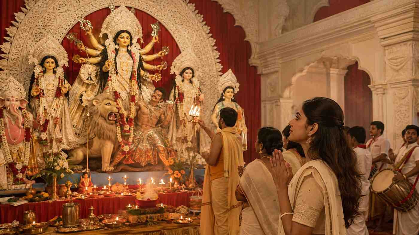 Devotees finding faith and inspiration during Durga Puja evening aarti before Maa Durga
