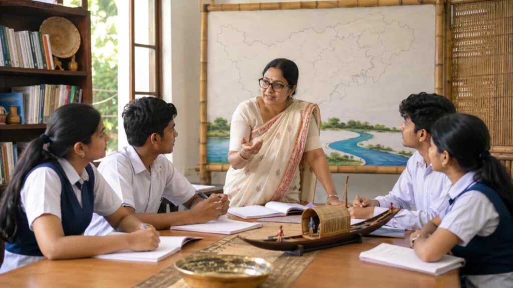 Assamese students discussing the Lachit Borphukan poem with their teacher in a classroom.