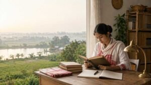 Assamese student reading the swadesh prem assamese poem beside a window overlooking the homeland landscape.