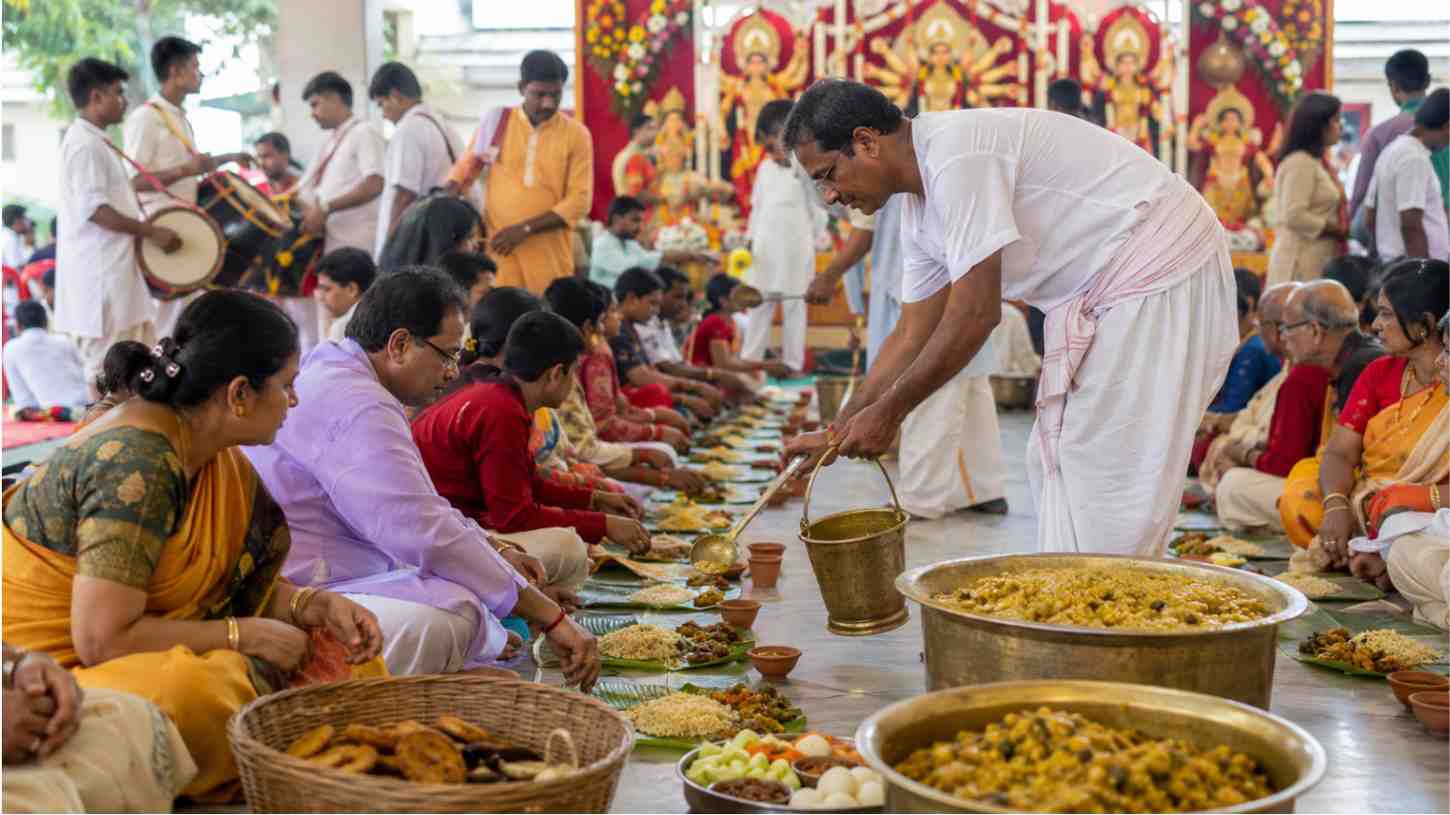 Traditional Durga Puja bhog with khichuri, labra, payesh and sweets being served to devotees