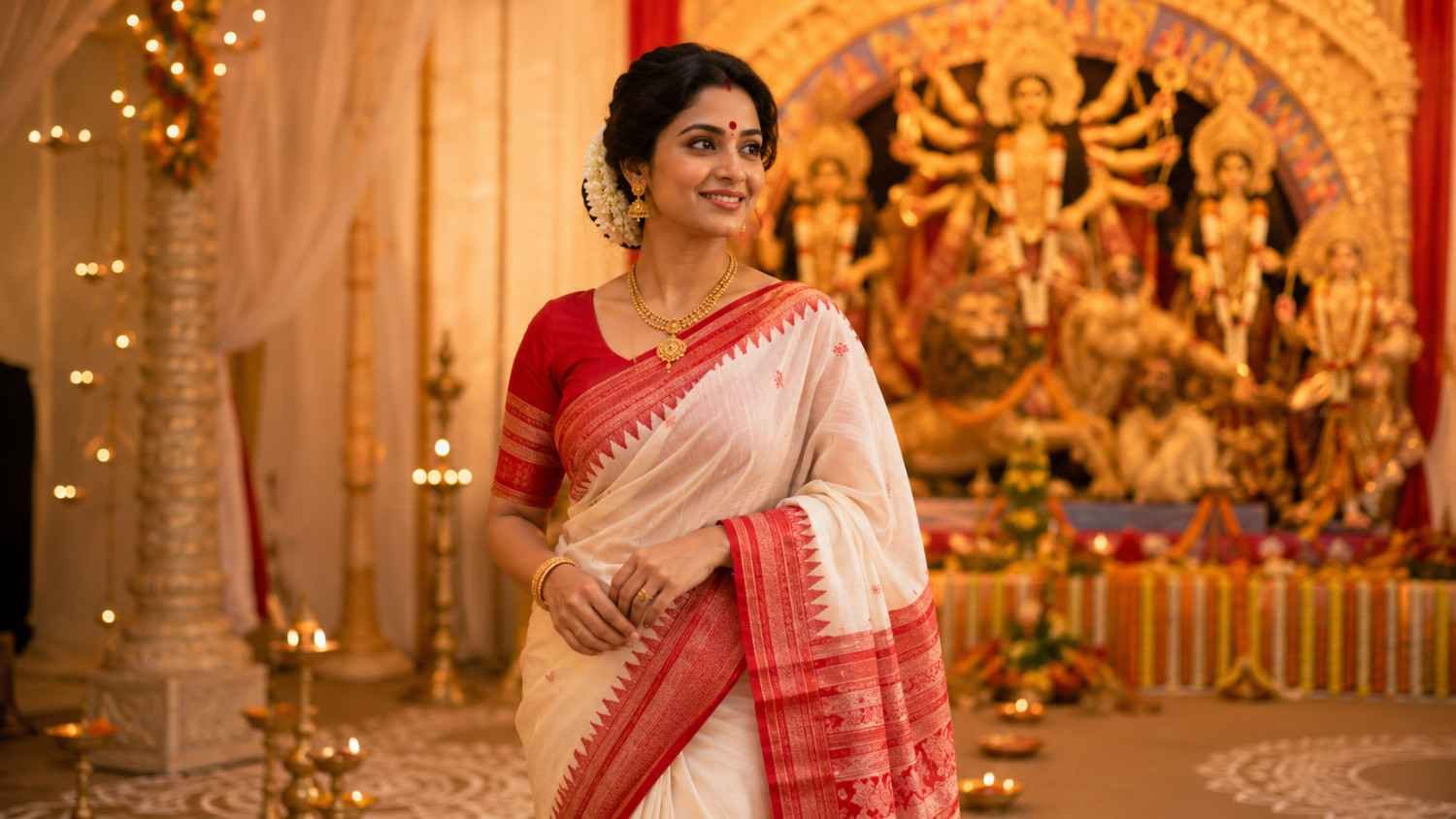 Bengali woman in a traditional saree posing for a Durga Puja photo caption