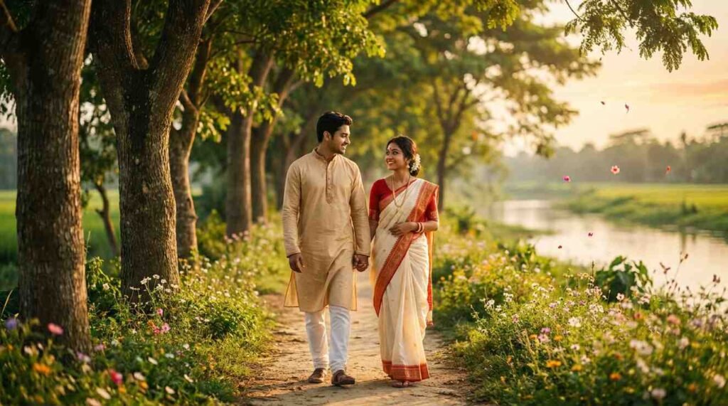 Valobasa Quotes in Bengali showing a loving Bengali couple symbolizing true love, trust, and heartfelt emotions.