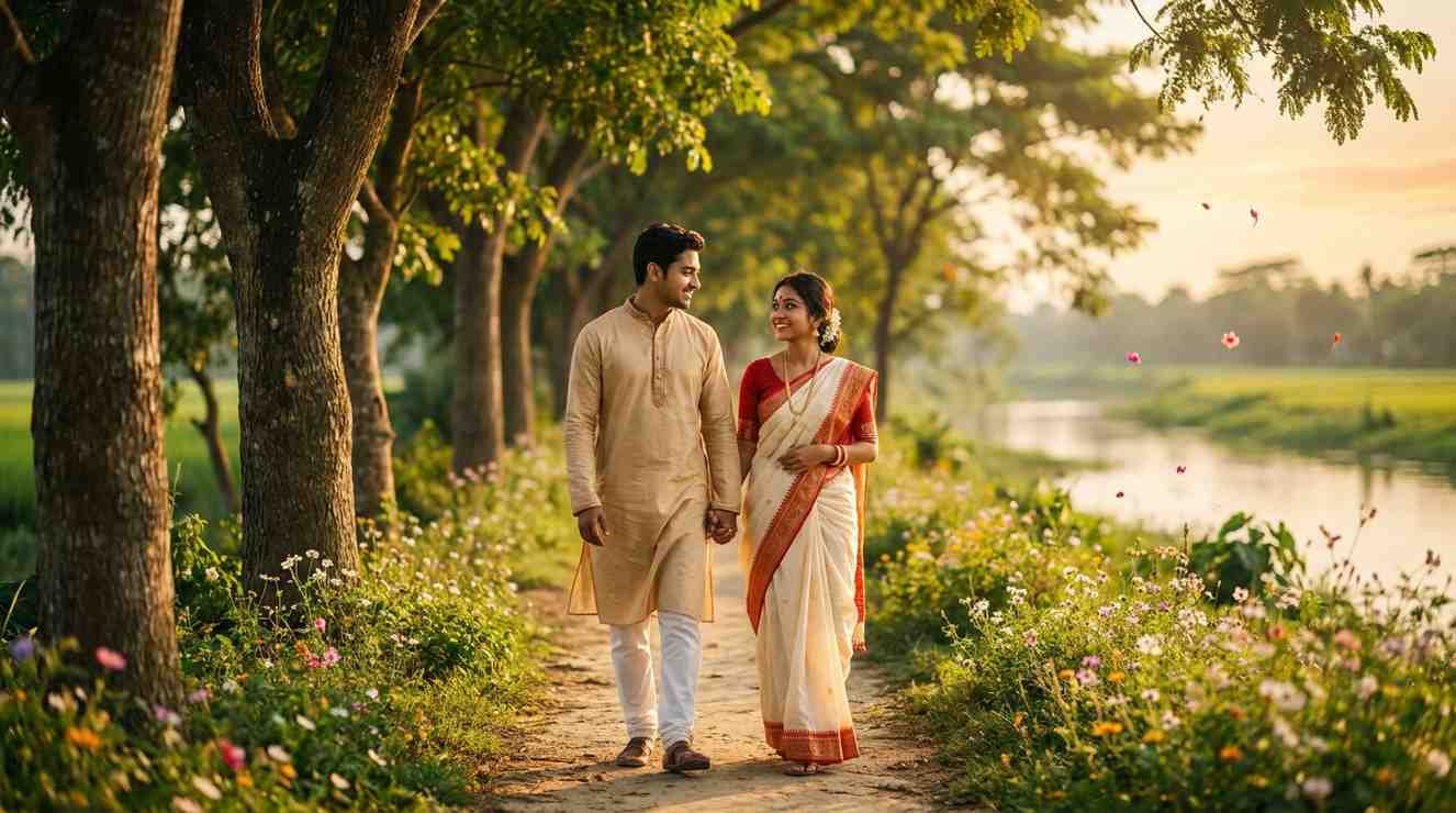 Valobasa Quotes in Bengali showing a loving Bengali couple symbolizing true love, trust, and heartfelt emotions.