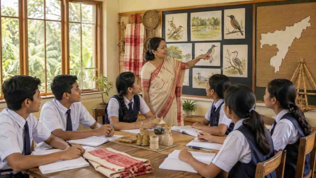 Students learning Assamese poem on birds in a classroom while discussing bird symbolism and nature in Assamese literature.