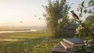 Assamese poem on birds featured image showing a bird perched on a flowering branch beside poetry books in a peaceful Assamese countryside landscape.