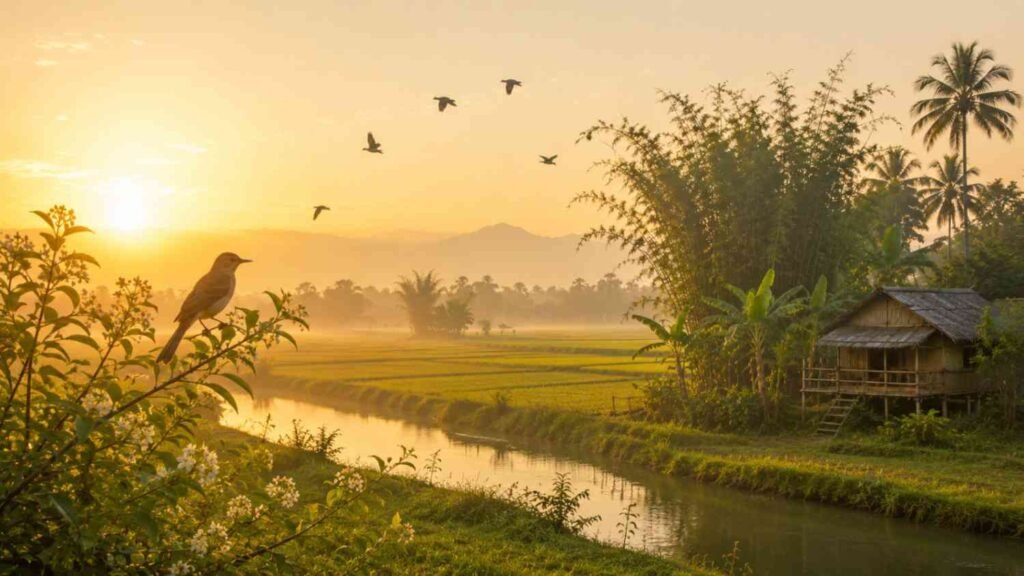 Native birds flying over the Assamese countryside representing freedom, hope and nature in Assamese poem on birds.