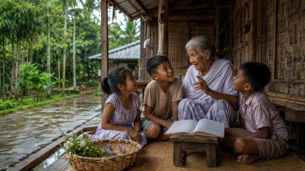Grandmother sharing a childhood poem with children on a traditional Assamese veranda for an article on assamese poem on childhood.