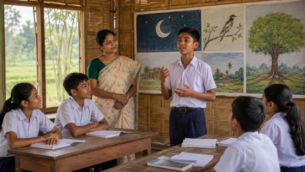 Student reciting an assamese poem on childhood in a rural Assamese classroom while teacher and classmates listen attentively.