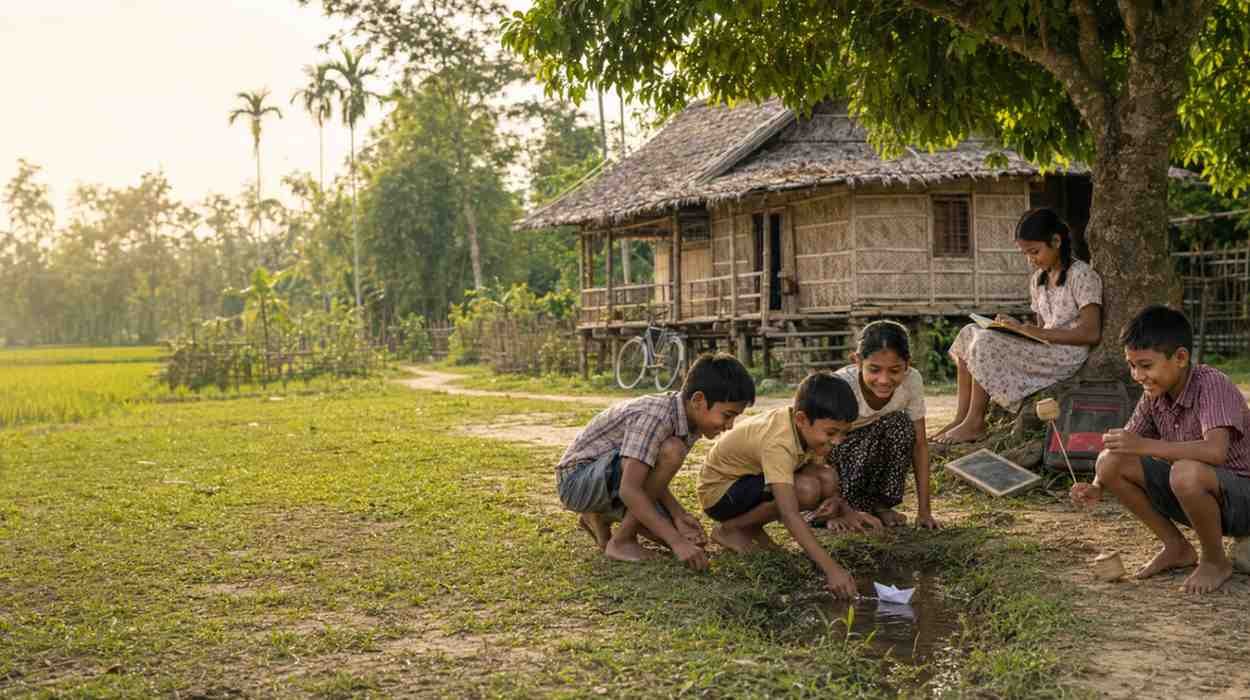 Children enjoying a rural village scene for an article on assamese poem on childhood