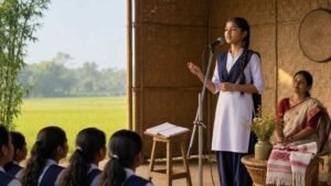 Assamese poem recitation by a secondary-school student on a school stage with teacher and classmates listening attentively