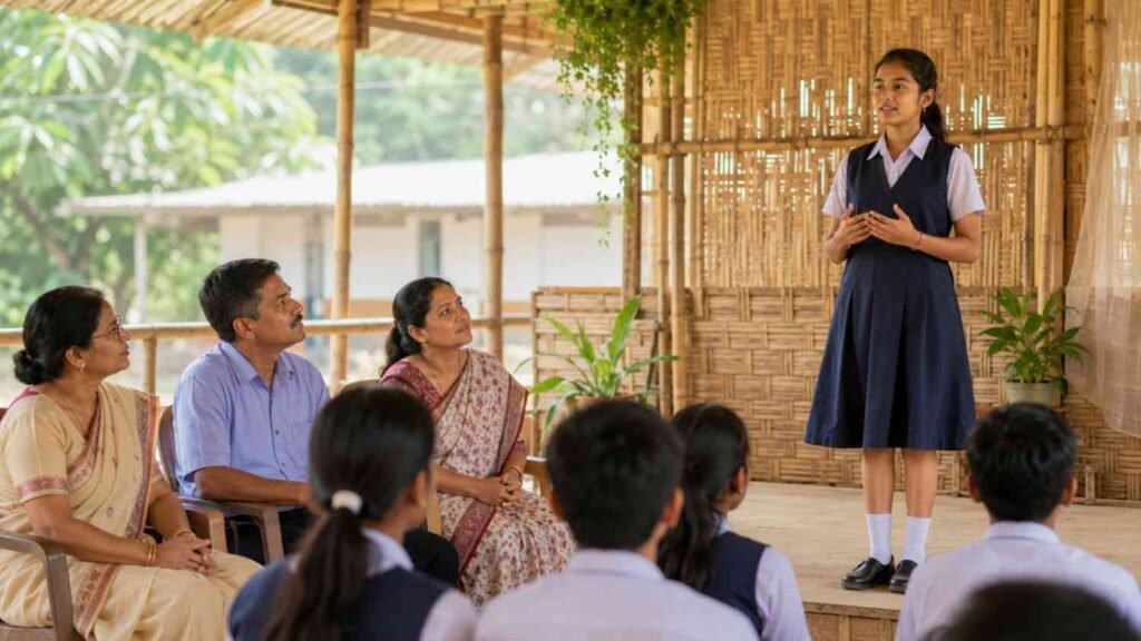Assamese student reciting a Teachers’ Day poem before teachers and classmates at school.