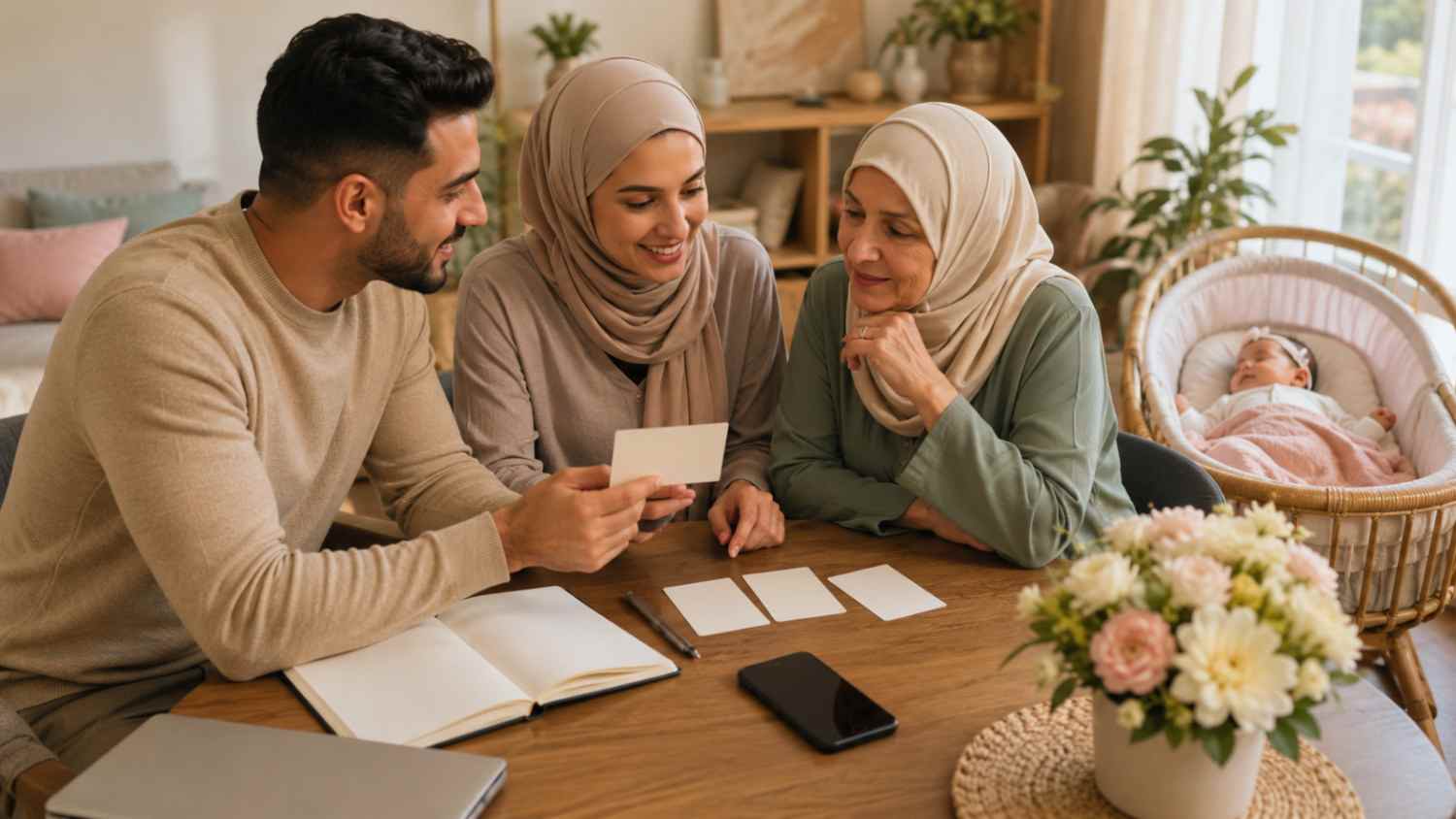 Beautiful Muslim girl names being discussed by parents and grandmother for their newborn daughter's final shortlist