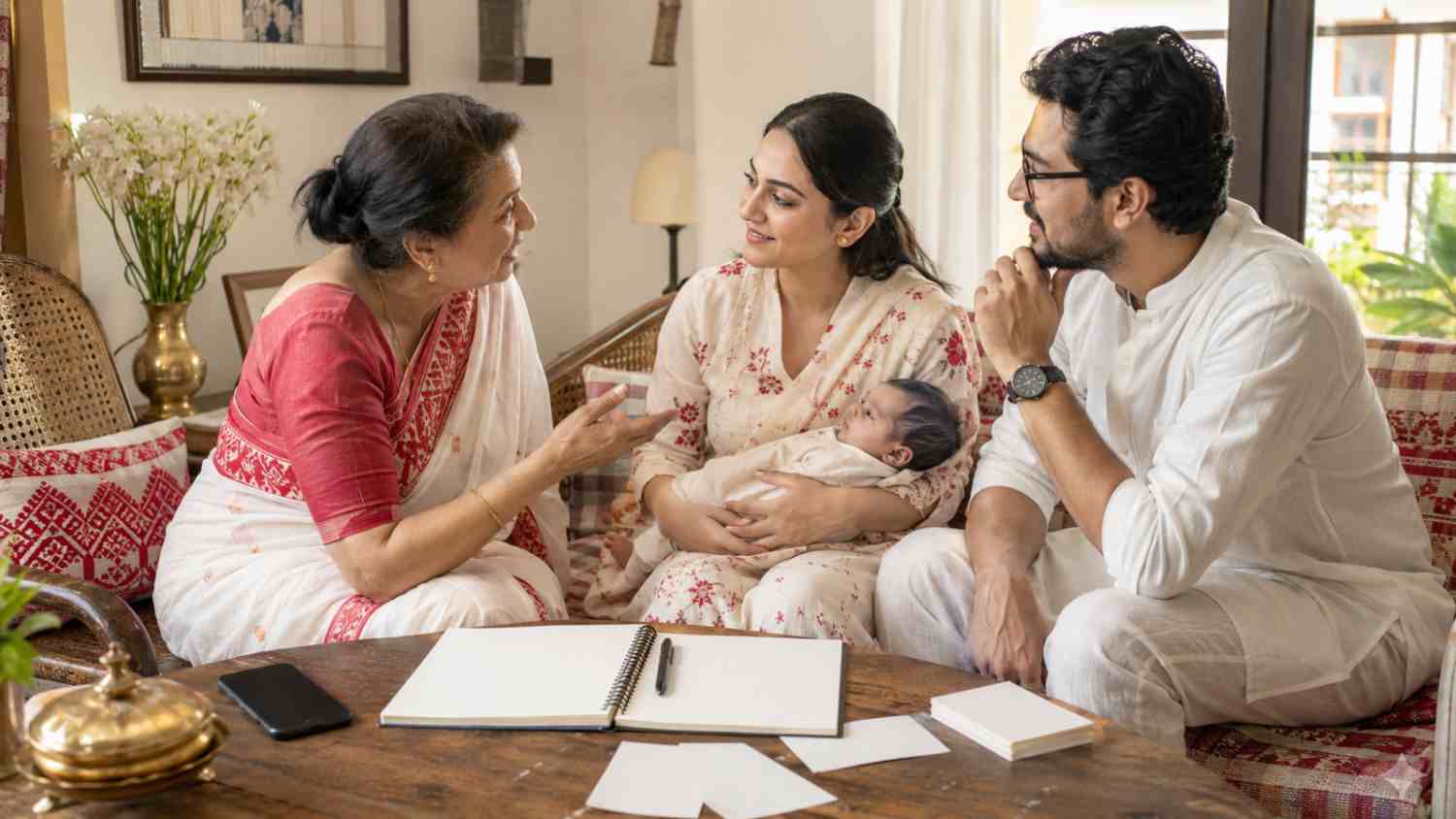 Bengali family discussing a formal name and nickname for their baby boy
