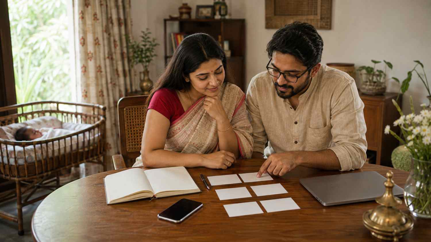 Bengali parents comparing Bengali boy names while preparing a shortlist