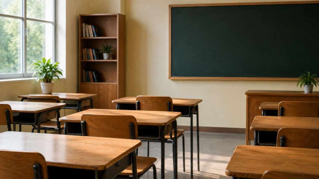 Bright Bengali school classroom with wooden desks, bookshelves and a blank blackboard in a cheerful learning environment
