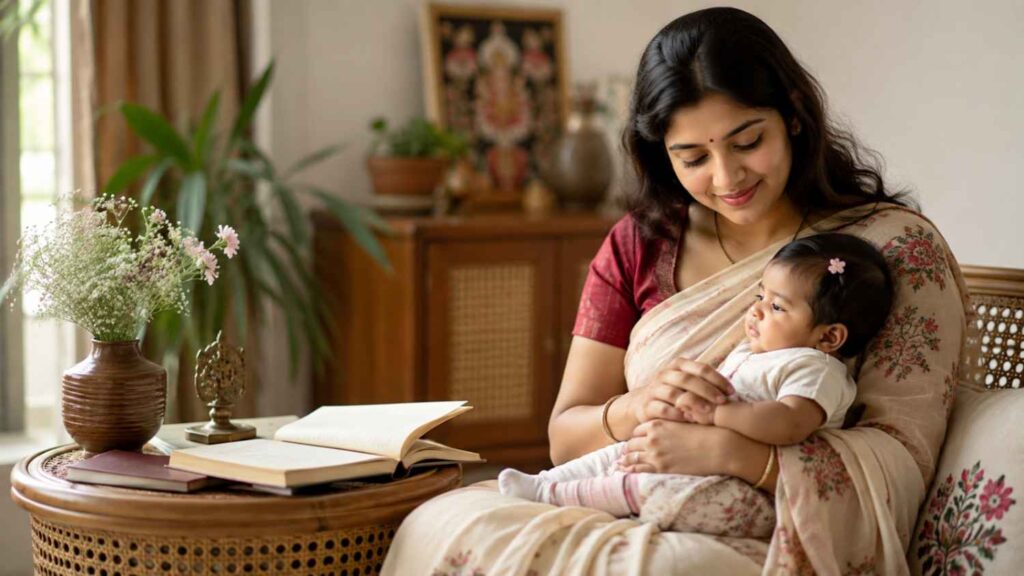 Bengali mother with baby girl in a warm home setting inspired by literature and culture