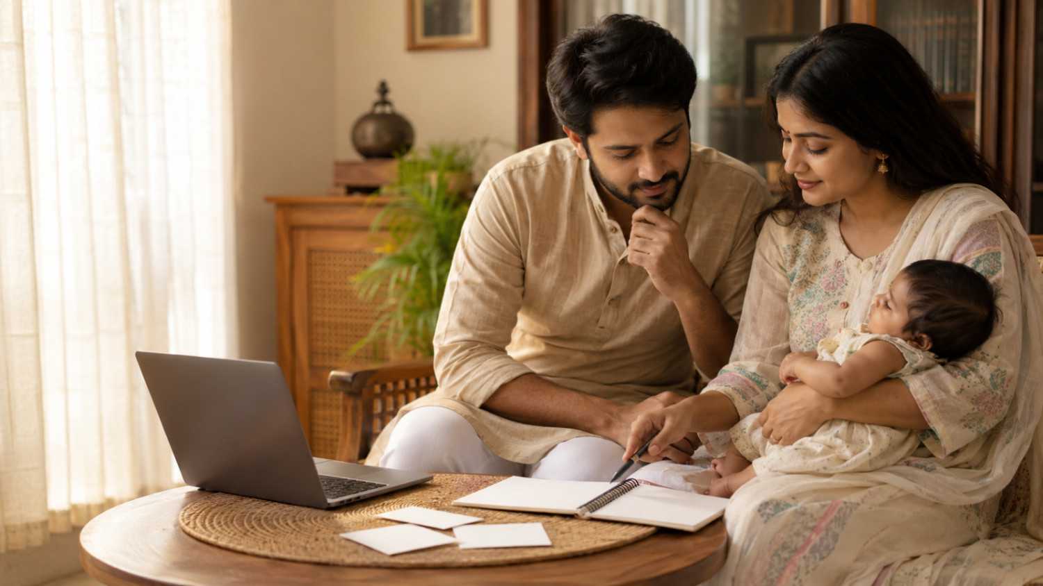 Bengali parents thoughtfully choosing a meaningful name for their baby girl at home