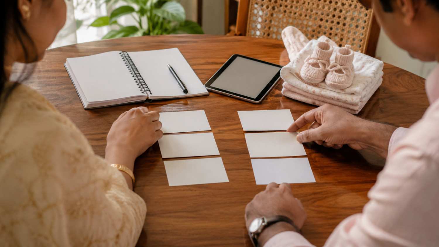 Parents comparing modern and traditional Bengali girl name options on a wooden table