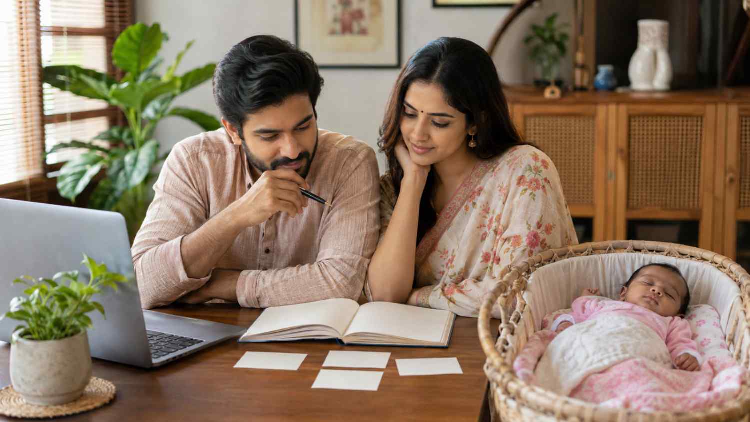 Bengali parents shortlisting meaningful name ideas for their baby girl at home