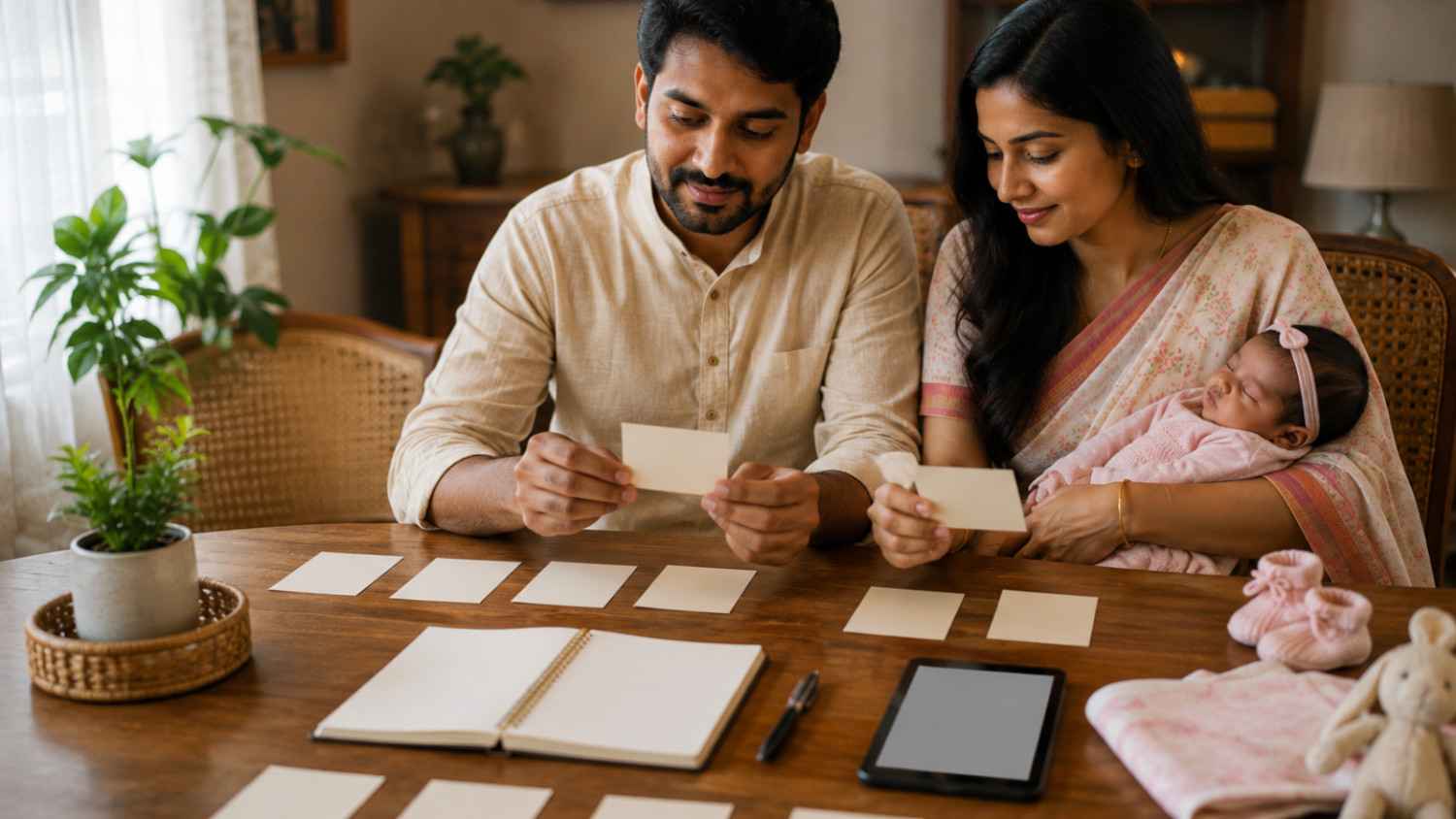 Bengali parents comparing A and Aa baby girl name options while considering spelling and pronunciation