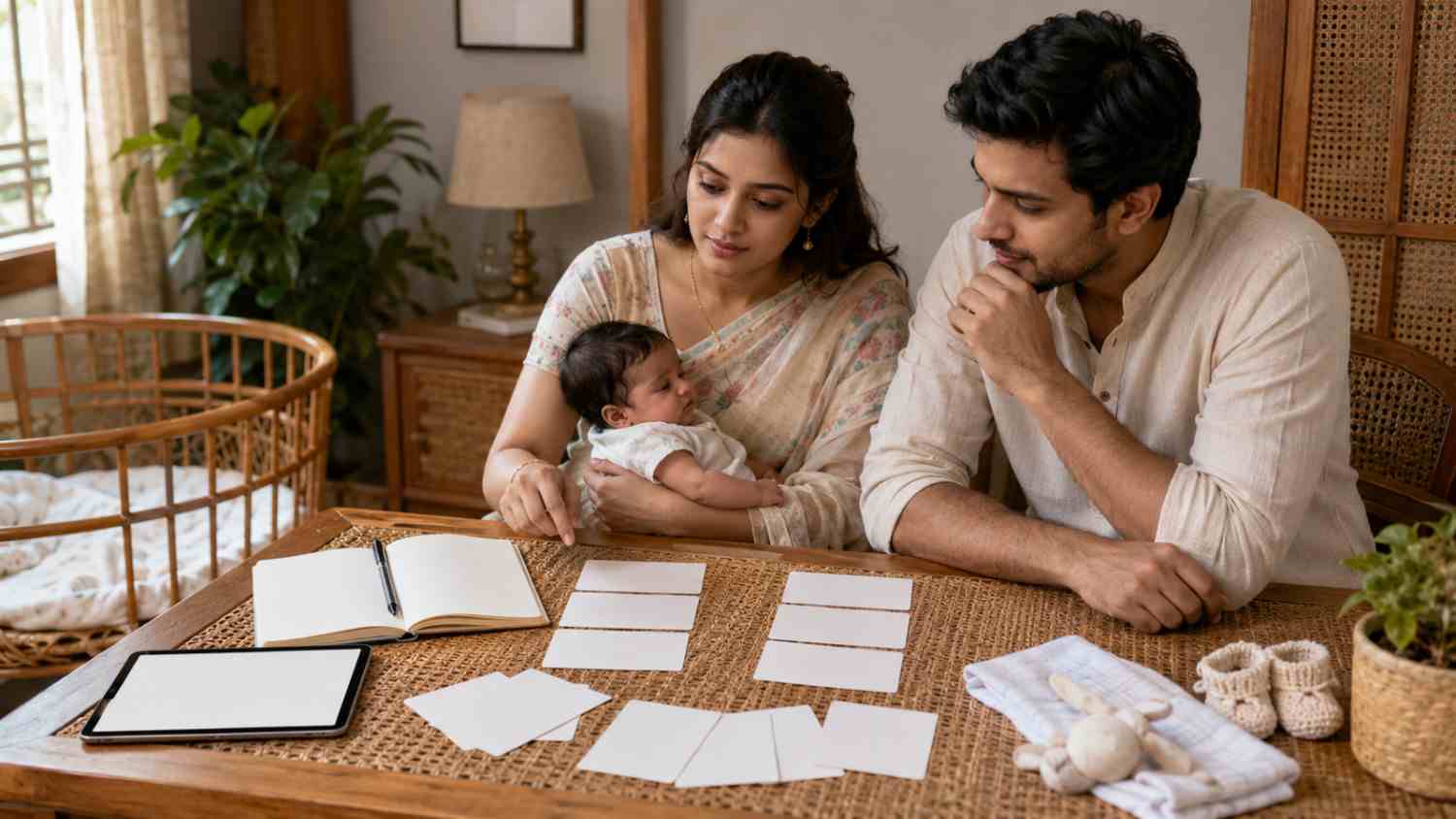 Bengali parents comparing blank name cards while choosing a baby girl name at home