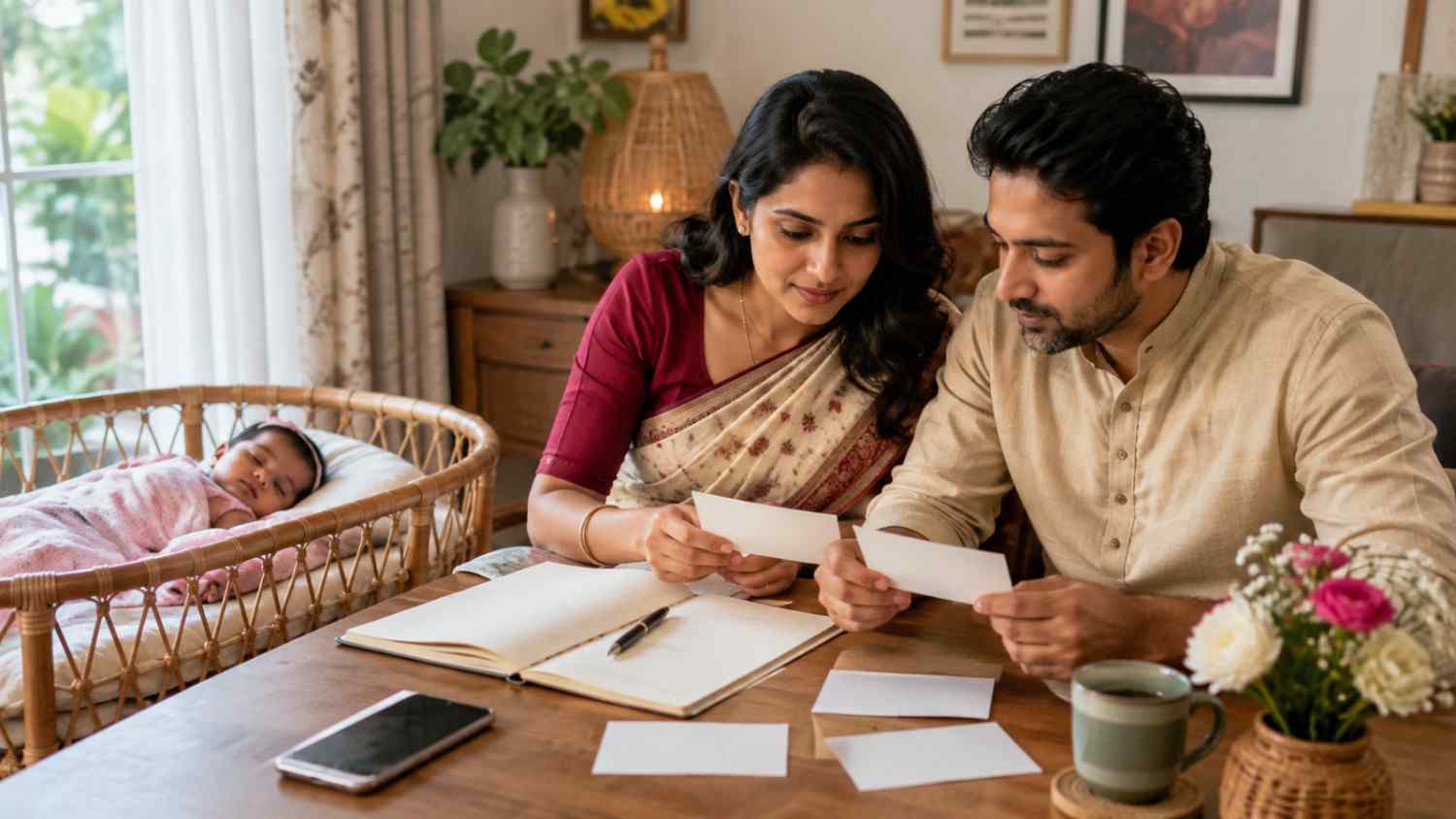 Bengali parents shortlisting baby girl names while their newborn rests nearby