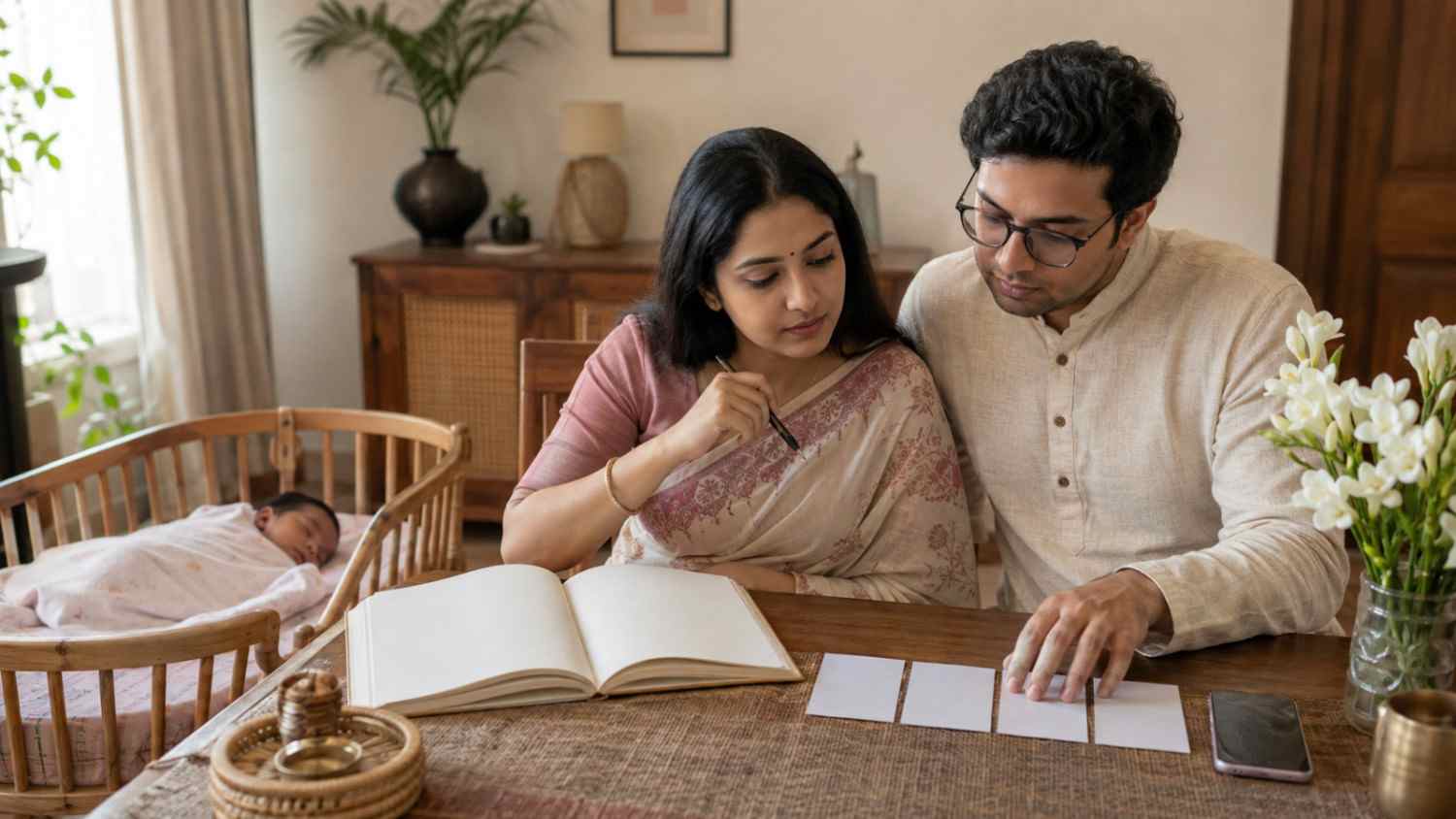 Bengali parents comparing baby girl name options while their newborn rests nearby