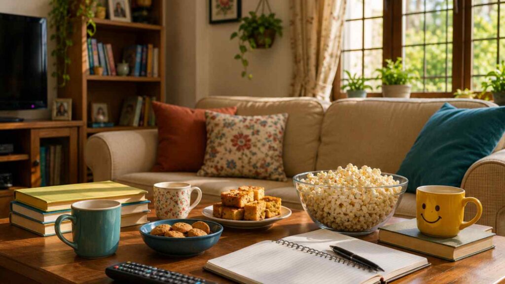 Cozy Bengali family living room with books, tea, snacks, notebook and television remote in a playful everyday setting