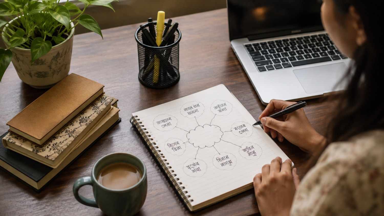 Bengali creator brainstorming creative Page name ideas at a home workspace