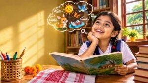 Bengali poem for kids – young schoolgirl enjoying imaginative children’s poetry