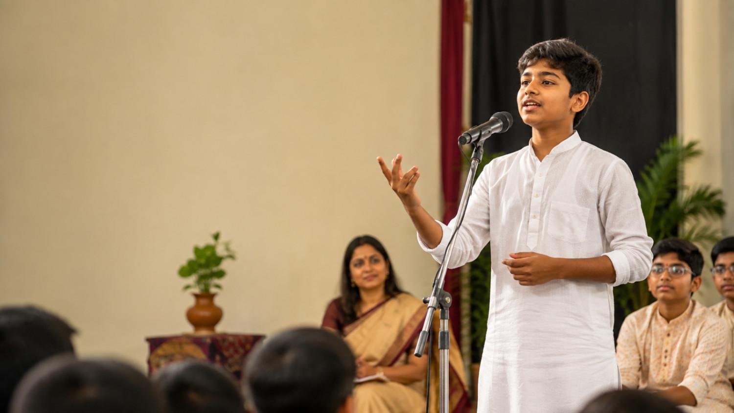 Bengali poem for recitation – student performing a poem on a school stage