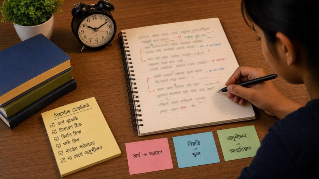 Bengali poem for recitation – student preparing a poem with pauses, breathing and rehearsal notes