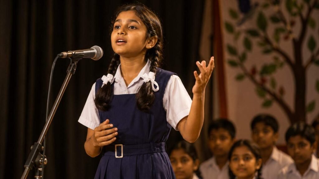 Bengali poem for recitation – schoolgirl performing a poem confidently on stage