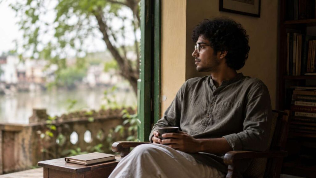Bengali poem on life – thoughtful Bengali man reflecting quietly by a window