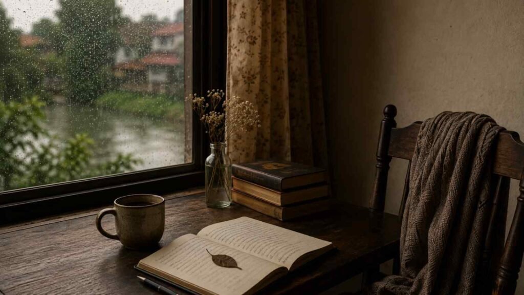 Empty chair beside an open notebook and cold tea near a rain-covered window, symbolizing loneliness and absence