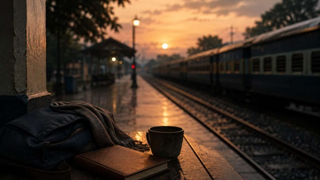 Quiet railway platform with a closed notebook, travel bag and tea beside a departing train, symbolizing separation and emotional distance