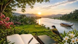 Assamese poems on nature represented through the Brahmaputra, green paddy fields, village scenery, flowers, birds and poetry books.
