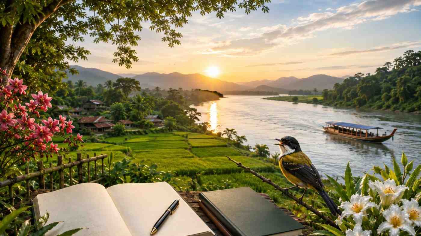 Assamese poems on nature represented through the Brahmaputra, green paddy fields, village scenery, flowers, birds and poetry books.