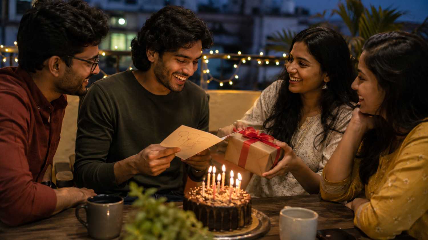 Bengali family celebrating a birthday together while sharing a personal poem and gift