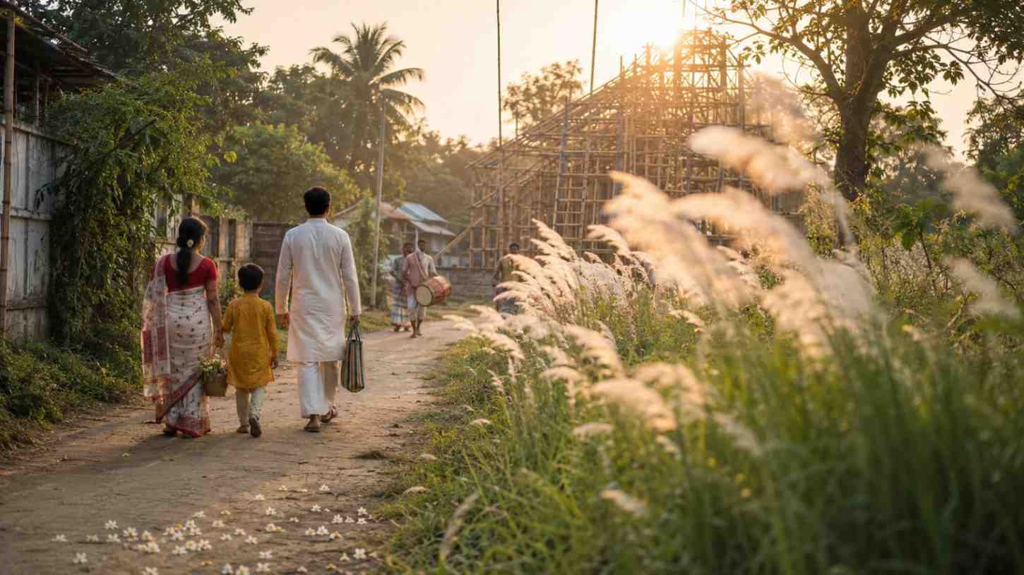 Durga Puja celebration with Bengali devotees, dhaki and traditional community pandal