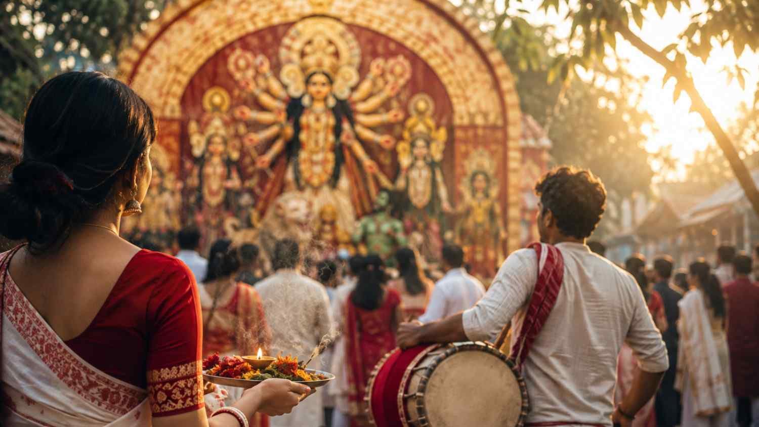 Bengali family walking through autumn kash flowers during Durga Puja Agomoni preparations