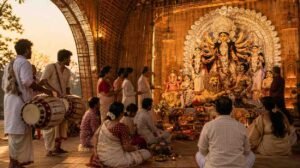 Durga Puja poem Bengali – traditional community celebration with Maa Durga, dhak and Bengali families