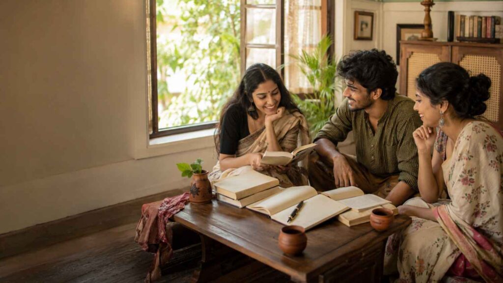 Funny poem in Bengali writing scene with an open notebook, books, tea and a playful cozy study setting by the window