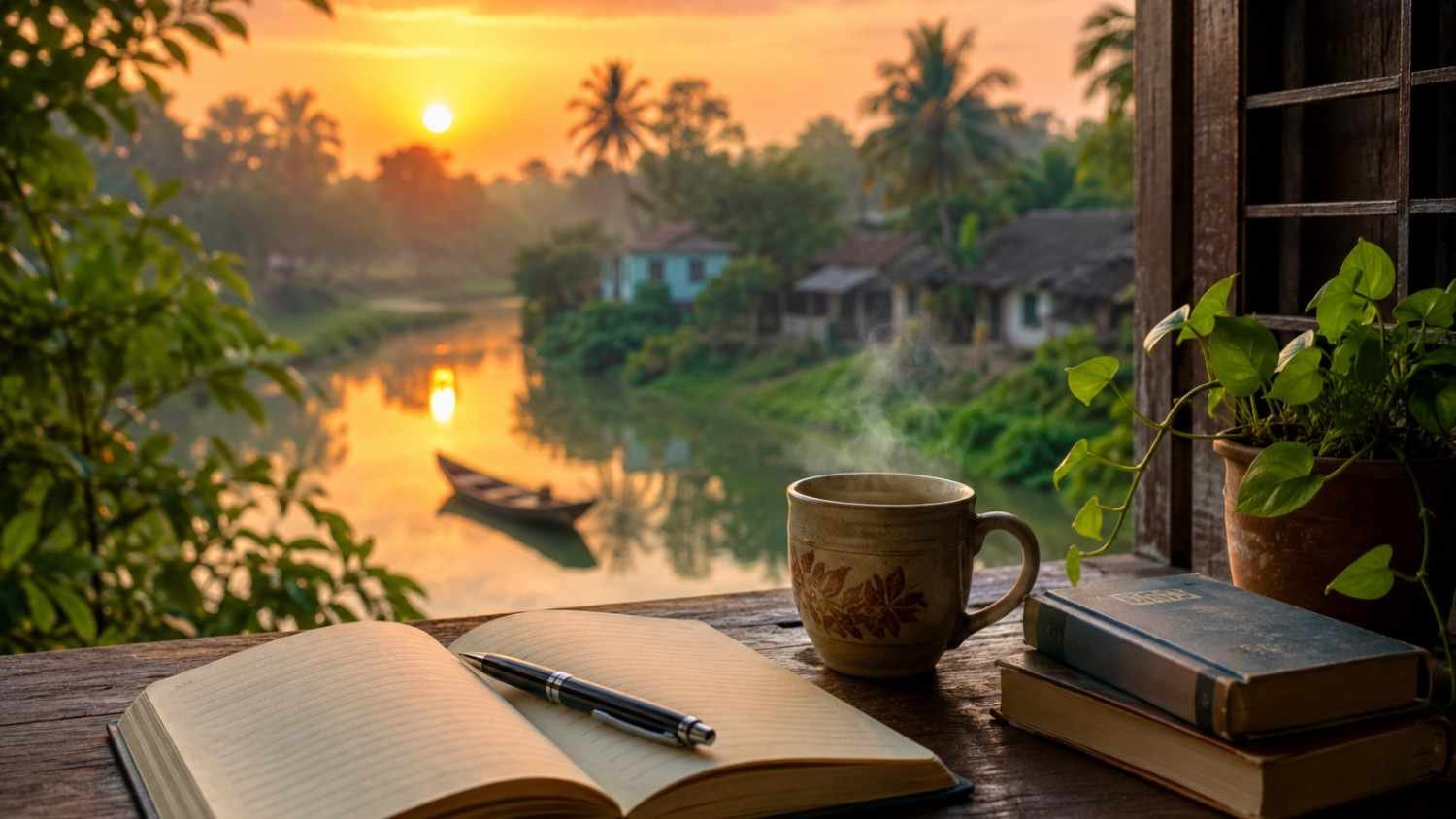 Good morning poem in Bengali – peaceful Bengali riverside sunrise with tea, notebook and village landscape