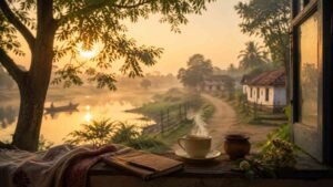 Good morning poem in Bengali – peaceful Bengali countryside morning with sunrise, river, tea and notebook