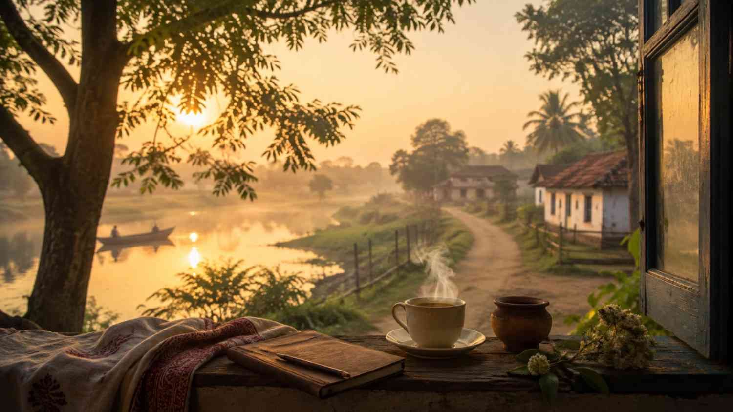 Good morning poem in Bengali – peaceful Bengali countryside morning with sunrise, river, tea and notebook