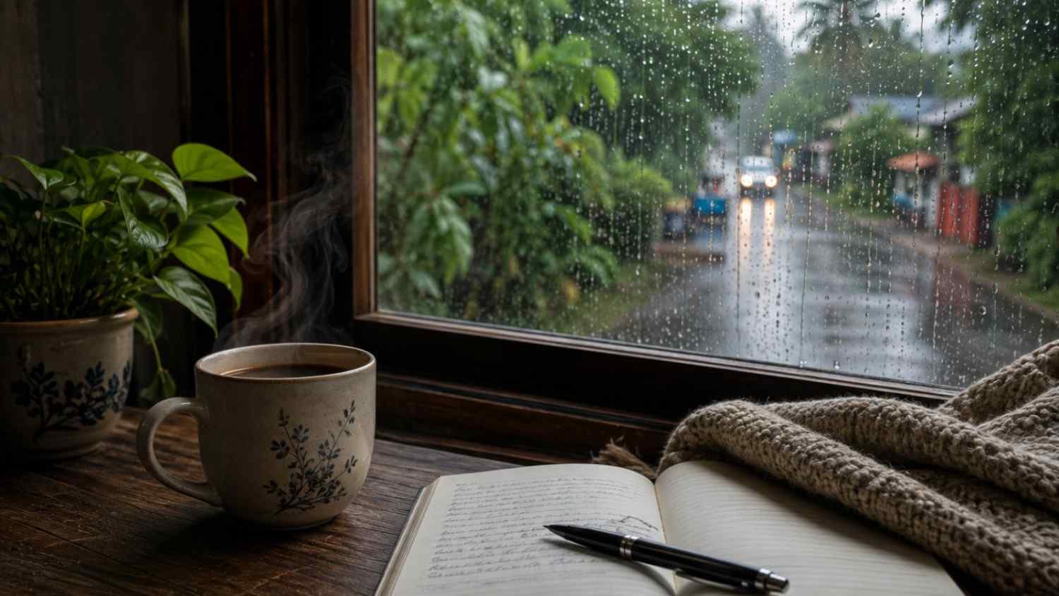 Good morning poem in Bengali – rainy morning by a window with tea, notebook and quiet reflection