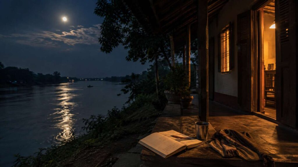 Good night poem in Bengali – peaceful Bengali riverside night with moonlight, veranda and open notebook